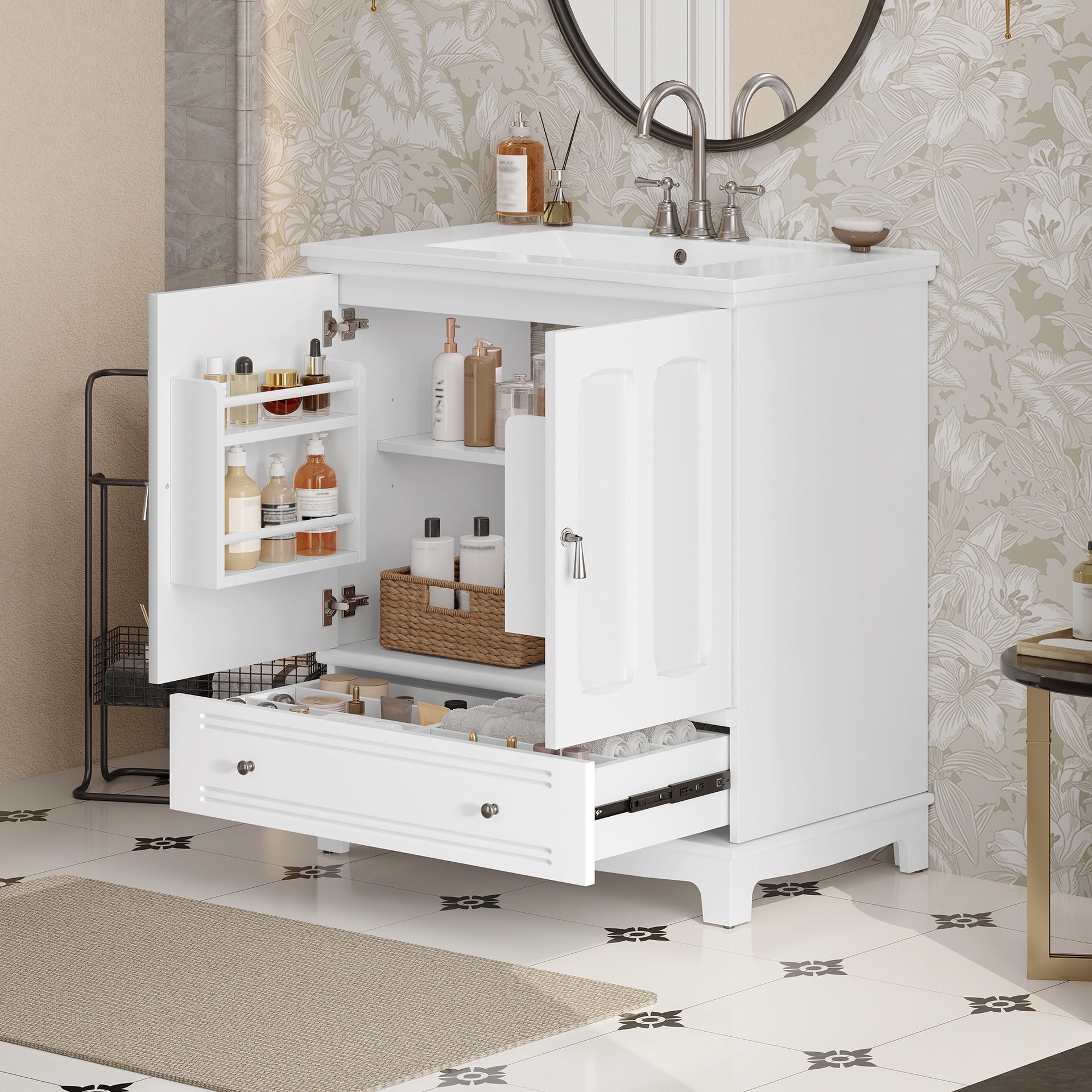30" Bathroom Vanity with Ceramic Sink, Solid Wood Frame Bathroom Sink Cabinet with Adjustable Shelf, Drawer with Divider, Solid Wood Feet