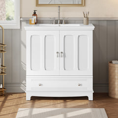 30" Bathroom Vanity with Ceramic Sink, Solid Wood Frame Bathroom Sink Cabinet with Adjustable Shelf, Drawer with Divider, Solid Wood Feet
