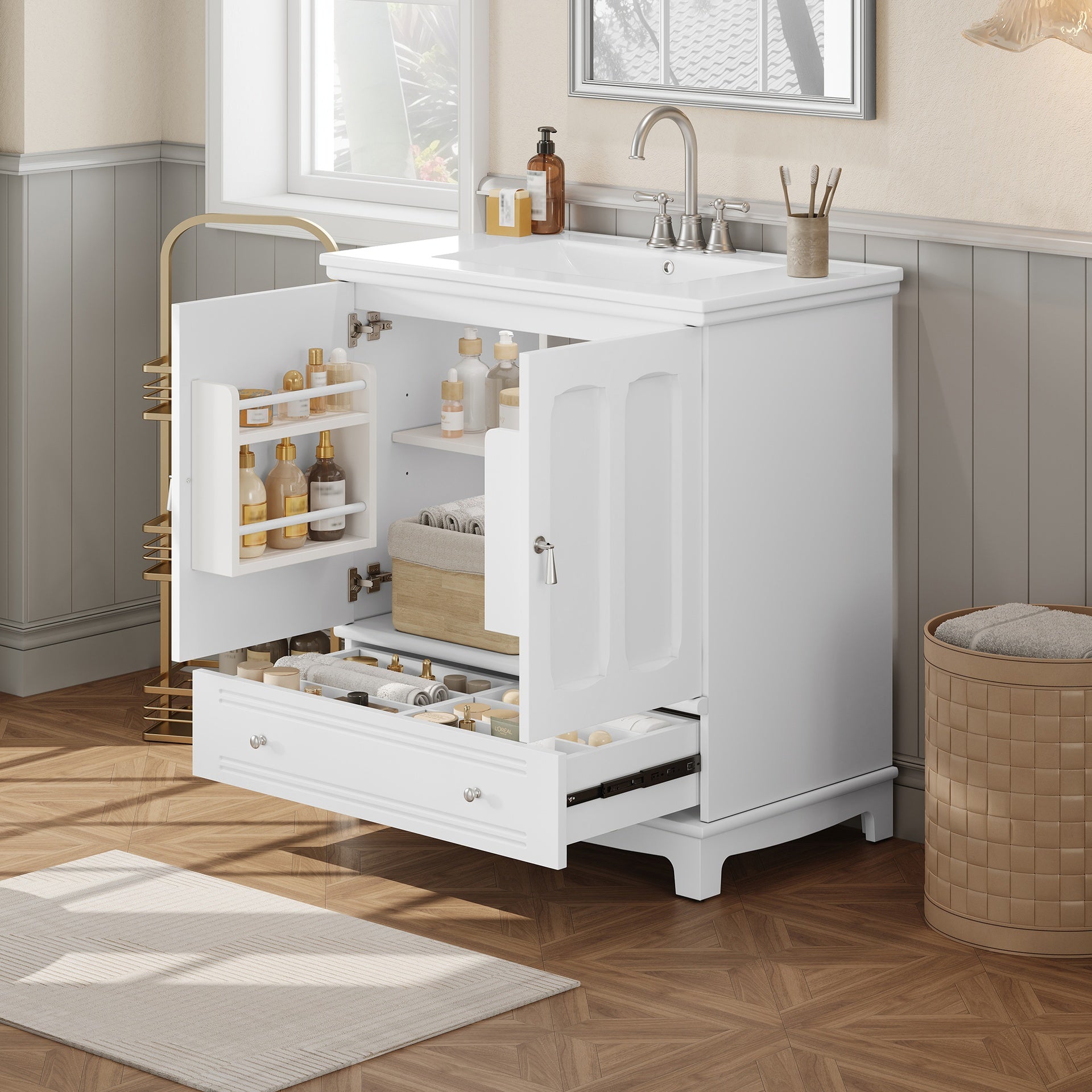 30" Bathroom Vanity with Ceramic Sink, Solid Wood Frame Bathroom Sink Cabinet with Adjustable Shelf, Drawer with Divider, Solid Wood Feet