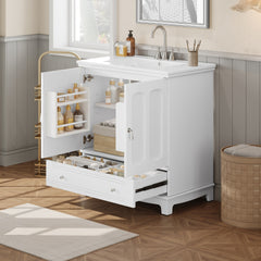 30" Bathroom Vanity with Ceramic Sink, Solid Wood Frame Bathroom Sink Cabinet with Adjustable Shelf, Drawer with Divider, Solid Wood Feet
