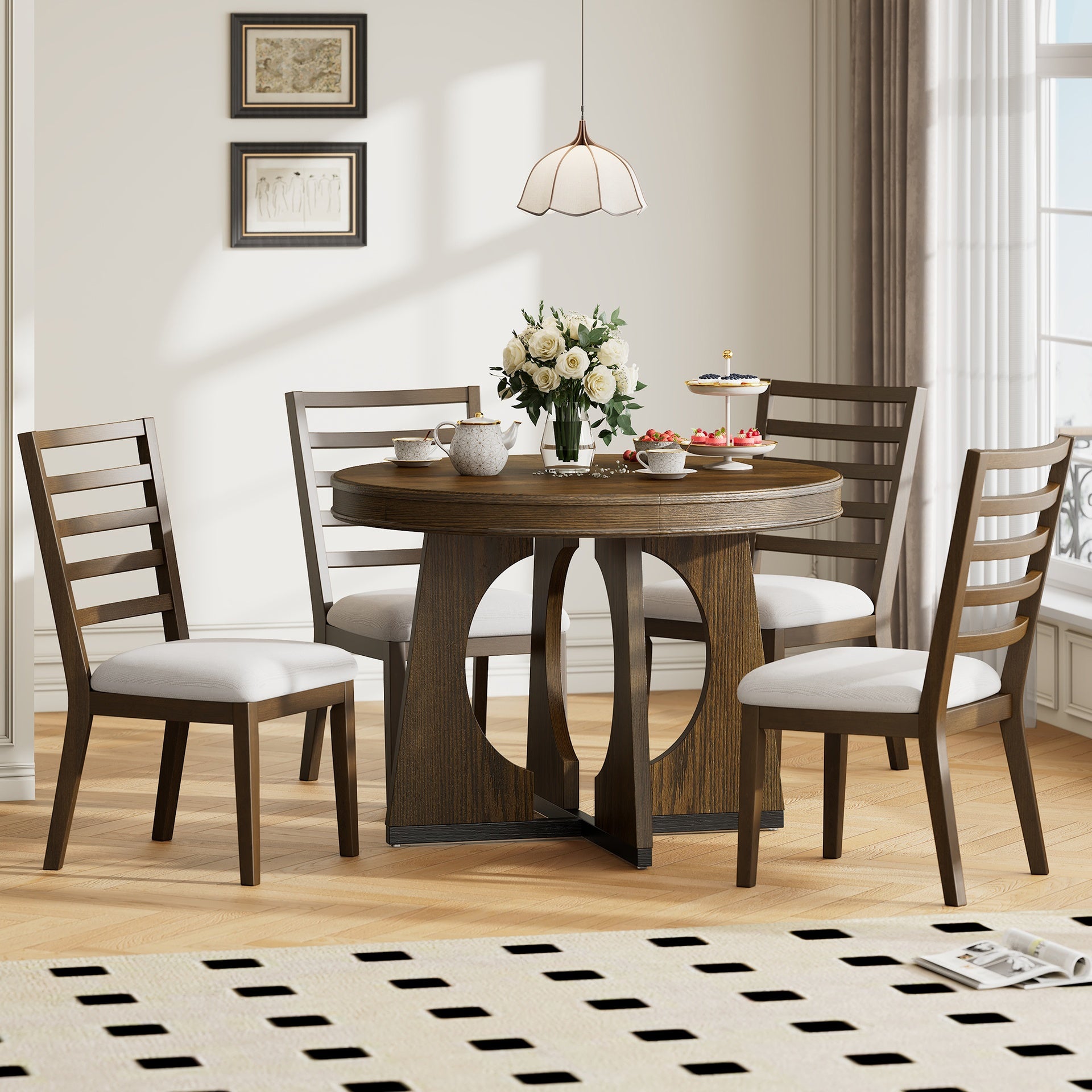 TREXM Round Dining Table for 4 with Chairs Set, Extendable Dining Table Set with 16" Removable Middle Leaf, 5 Piece Retro Dining Table Set Unique Geometric Design for Kitchen, Dining Room (Walnut)