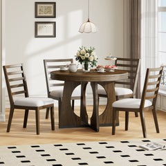 TREXM Round Dining Table for 4 with Chairs Set, Extendable Dining Table Set with 16" Removable Middle Leaf, 5 Piece Retro Dining Table Set Unique Geometric Design for Kitchen, Dining Room (Walnut)