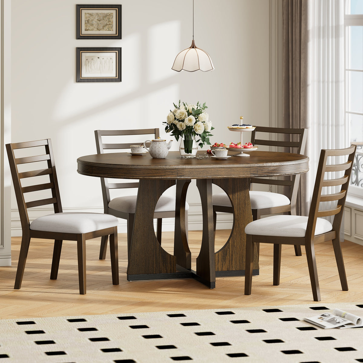 TREXM Round Dining Table for 4 with Chairs Set, Extendable Dining Table Set with 16" Removable Middle Leaf, 5 Piece Retro Dining Table Set Unique Geometric Design for Kitchen, Dining Room (Walnut)