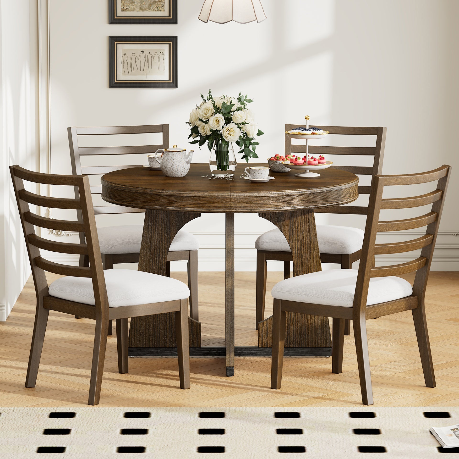 TREXM Round Dining Table for 4 with Chairs Set, Extendable Dining Table Set with 16" Removable Middle Leaf, 5 Piece Retro Dining Table Set Unique Geometric Design for Kitchen, Dining Room (Walnut)