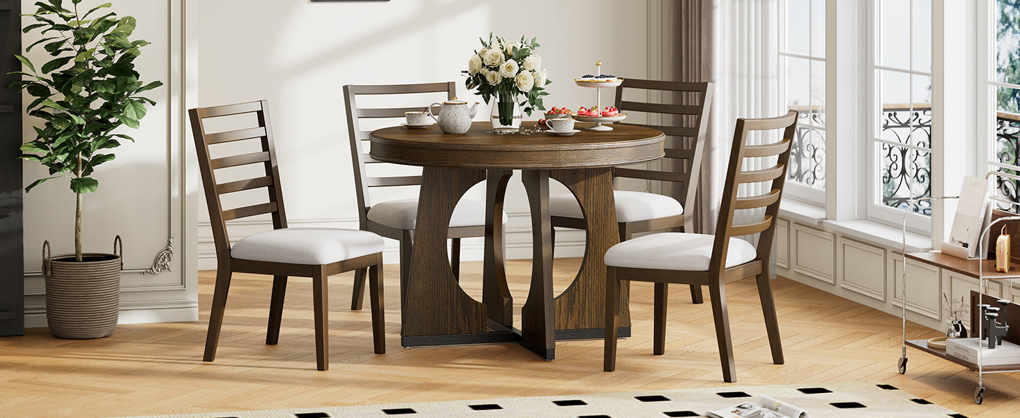 TREXM Round Dining Table for 4 with Chairs Set, Extendable Dining Table Set with 16" Removable Middle Leaf, 5 Piece Retro Dining Table Set Unique Geometric Design for Kitchen, Dining Room (Walnut)