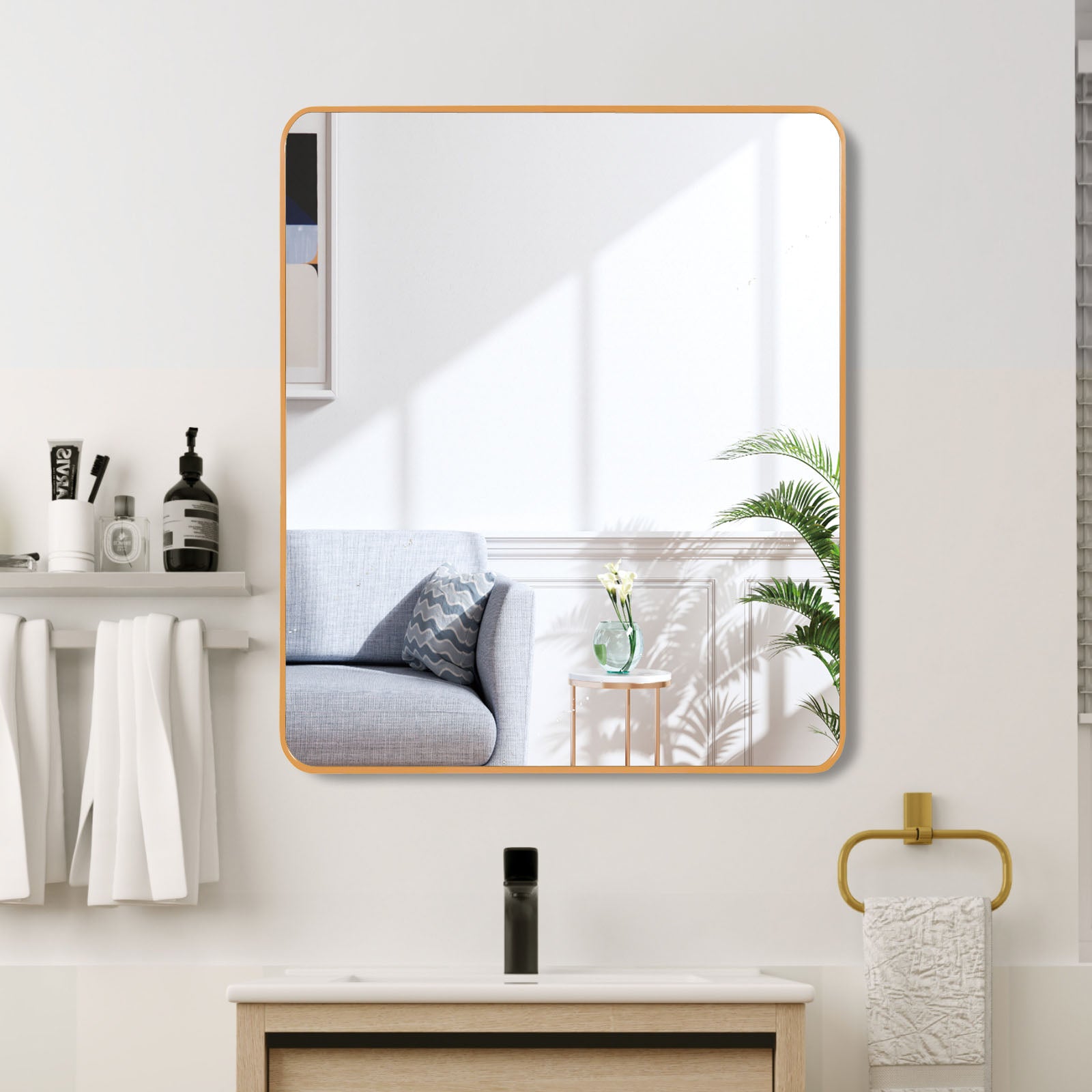 36in x 36in Inch Gold Metal Framed Square Bathrrom Mirror for Wall.