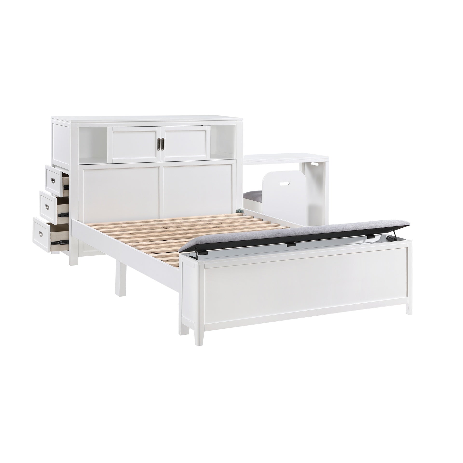 White Finish Full Platform Bed with Bookcase Headboard Drawers Hidden Desk Stool Footboard Storage Bench Bedroom Furniture 1pc