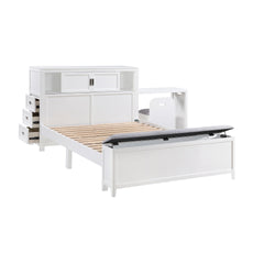 White Finish Full Platform Bed with Bookcase Headboard Drawers Hidden Desk Stool Footboard Storage Bench Bedroom Furniture 1pc