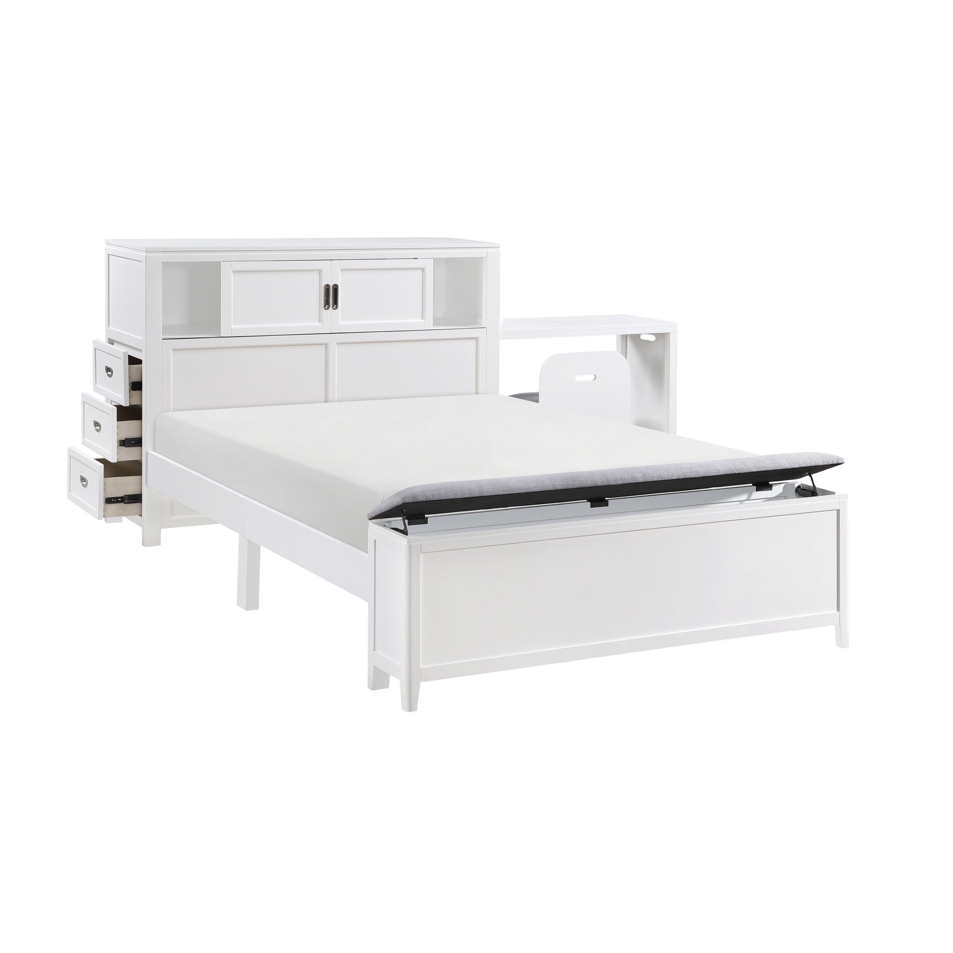 White Finish Full Platform Bed with Bookcase Headboard Drawers Hidden Desk Stool Footboard Storage Bench Bedroom Furniture 1pc