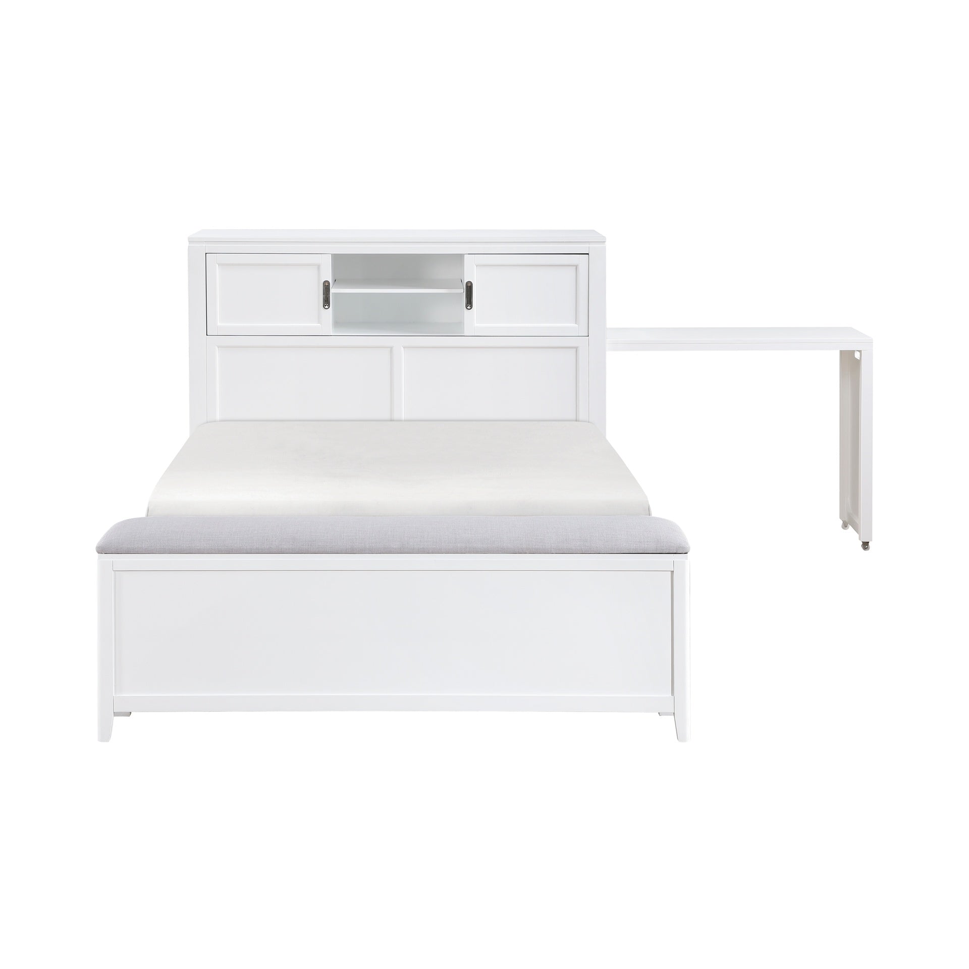 White Finish Full Platform Bed with Bookcase Headboard Drawers Hidden Desk Stool Footboard Storage Bench Bedroom Furniture 1pc