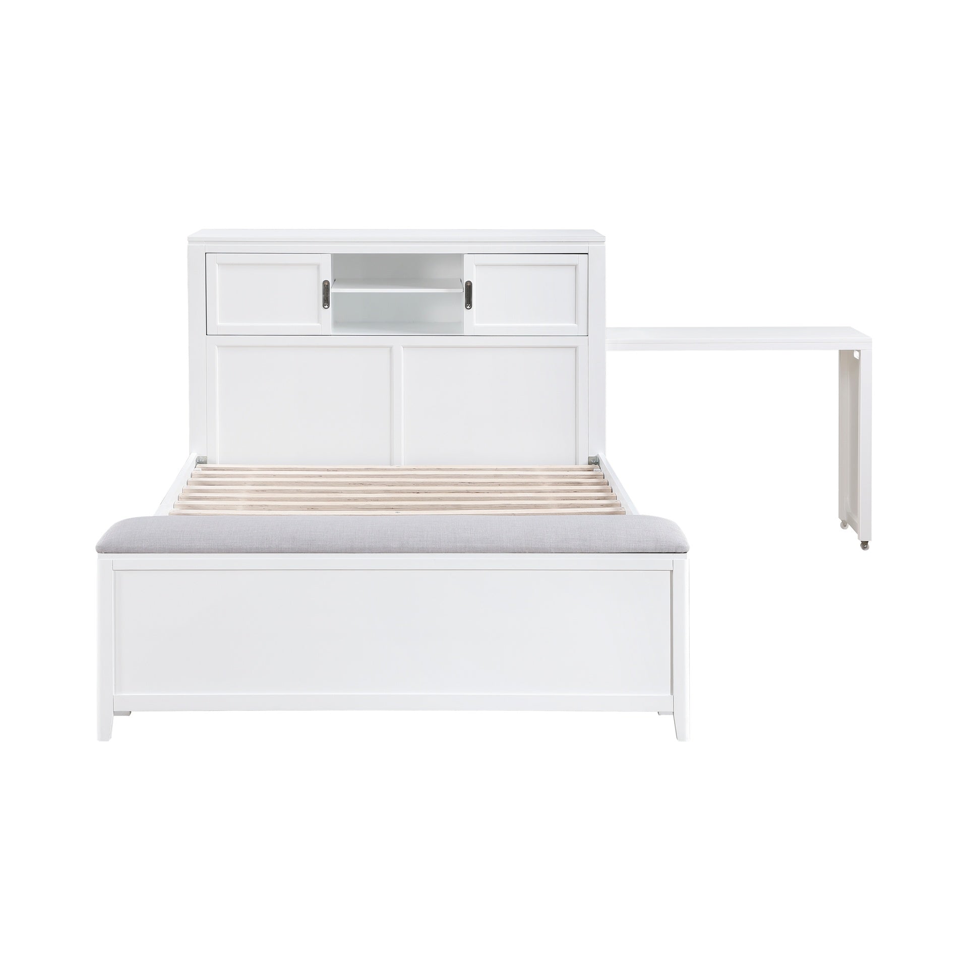 White Finish Full Platform Bed with Bookcase Headboard Drawers Hidden Desk Stool Footboard Storage Bench Bedroom Furniture 1pc