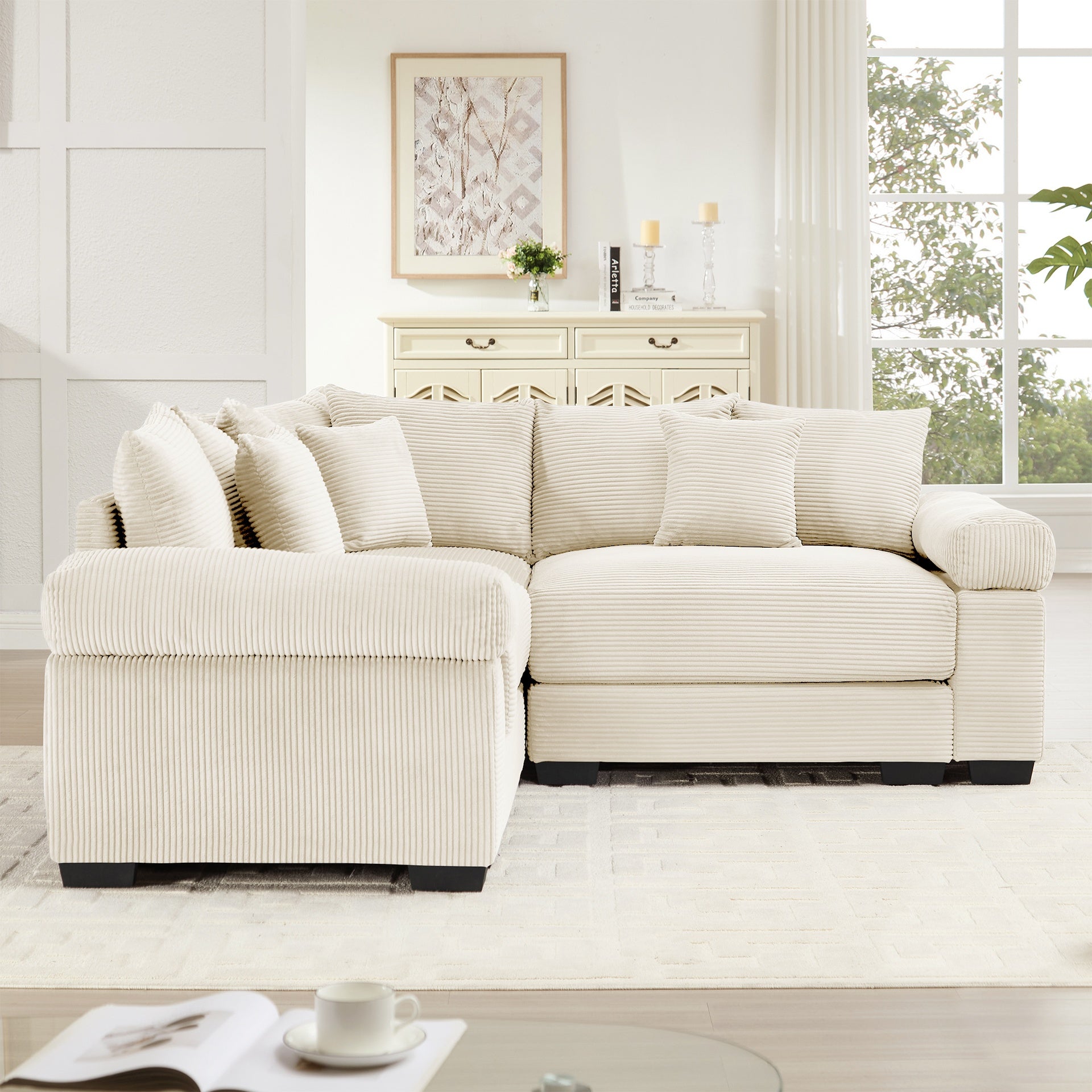 Oversized Cloud Modular Sectional Couch,Convertible Sectional Couches Deep Seat Extra-Wide Armrests,10Throw Pillows Premium Corduroy Fabric, Ergonomic Design,Easy Assembly,For Living Rooms,Cream