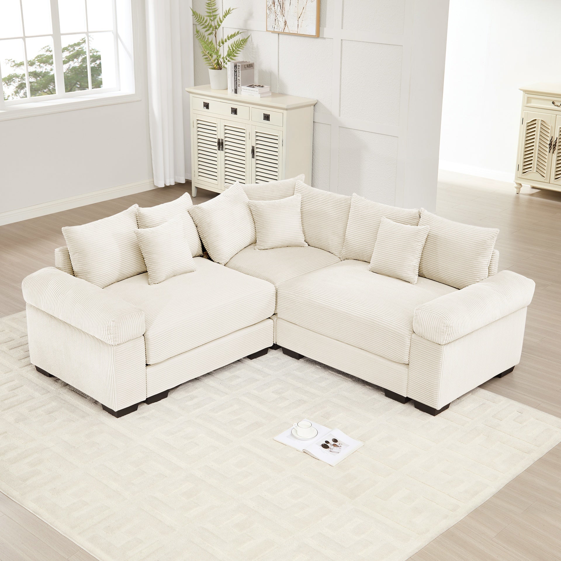 Oversized Cloud Modular Sectional Couch,Convertible Sectional Couches Deep Seat Extra-Wide Armrests,10Throw Pillows Premium Corduroy Fabric, Ergonomic Design,Easy Assembly,For Living Rooms,Cream