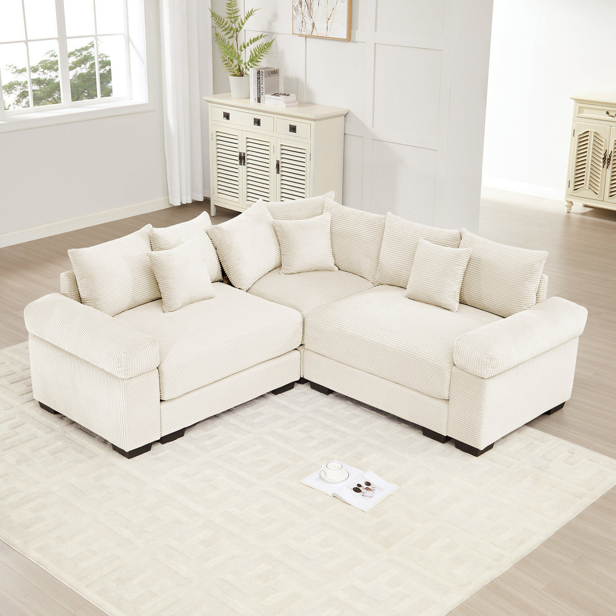 Oversized Cloud Modular Sectional Couch,Convertible Sectional Couches Deep Seat Extra-Wide Armrests,10Throw Pillows Premium Corduroy Fabric, Ergonomic Design,Easy Assembly,For Living Rooms,Cream
