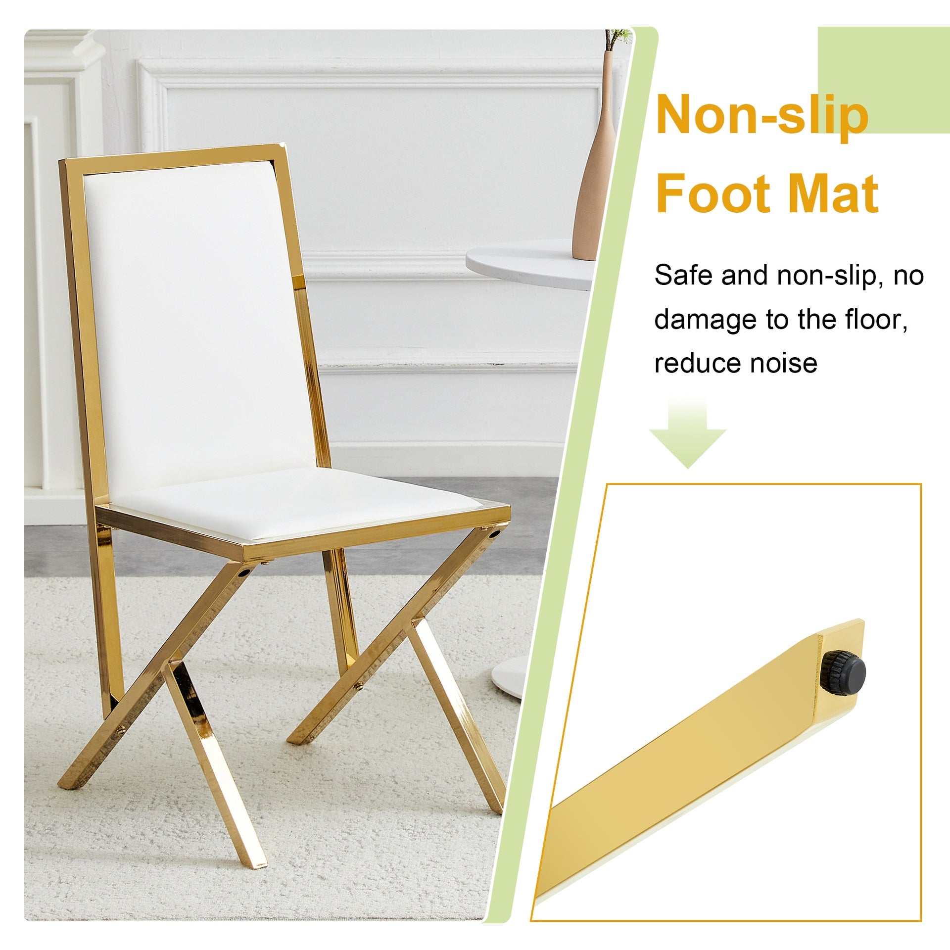 4-pack gold metal framed white PU dining chairs: ergonomic design, a simple and luxurious choice.Featuring uniquely designed gold metal legs.