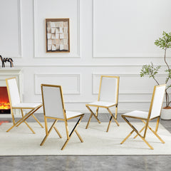 4-pack gold metal framed white PU dining chairs: ergonomic design, a simple and luxurious choice.Featuring uniquely designed gold metal legs.