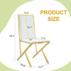 4-pack gold metal framed white PU dining chairs: ergonomic design, a simple and luxurious choice.Featuring uniquely designed gold metal legs.