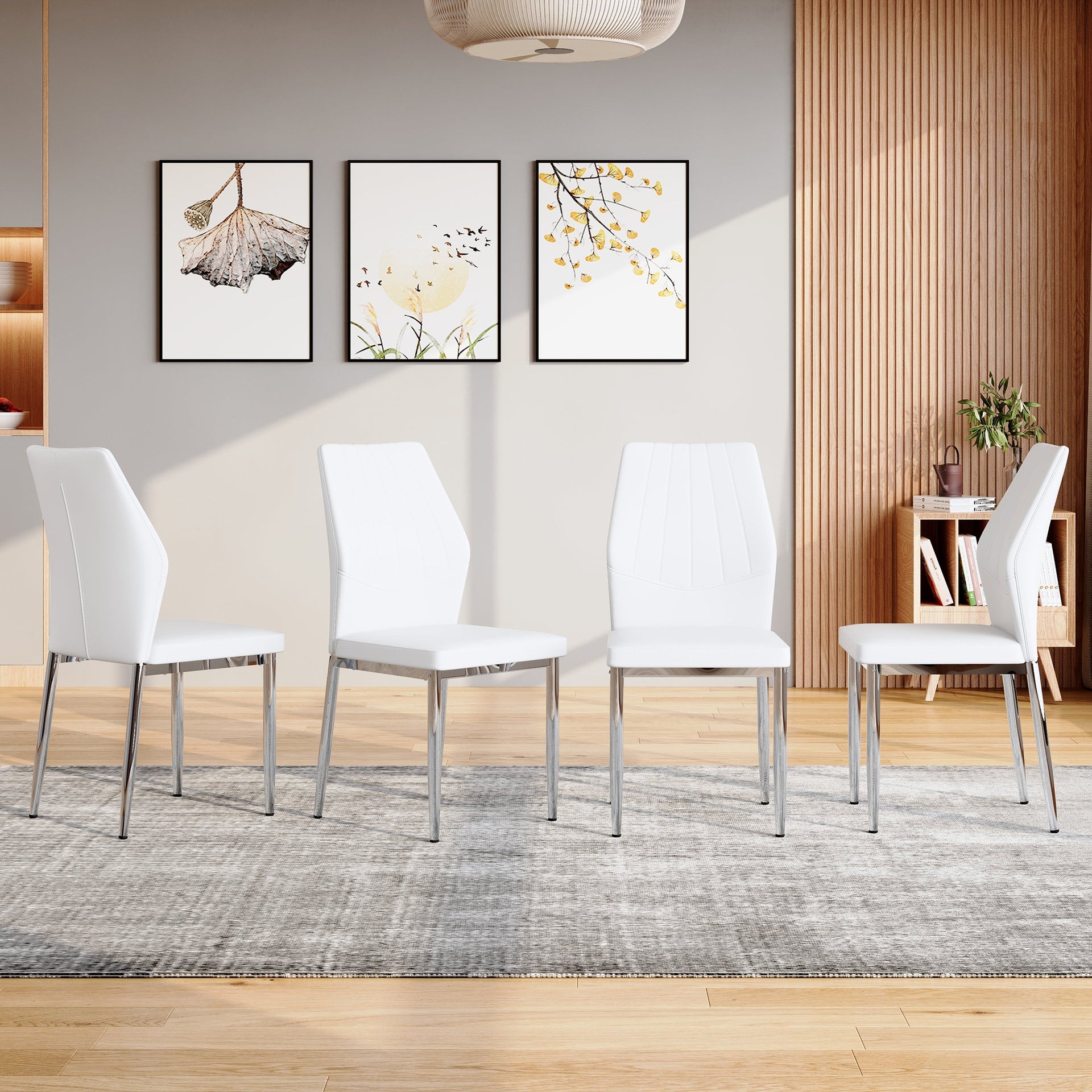 Set of 4 Silver - and - White Dining Chairs,37 inches High: Ergonomic PU Backrest, Combines Comfort and Style.Perfectly blends comfort and elegance, Injecting more comfort and style into dining time.