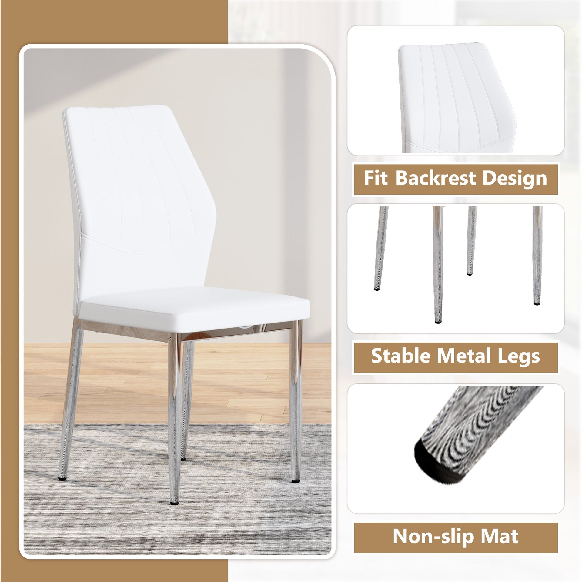 Set of 4 Silver - and - White Dining Chairs,37 inches High: Ergonomic PU Backrest, Combines Comfort and Style.Perfectly blends comfort and elegance, Injecting more comfort and style into dining time.