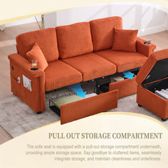 UNITED WE WIN L-Shaped Sectional Sofa with Pull-Out Storage,Ottoman & Pillows 3-Seat with USB Charging,Cup Holder, Convertible Design for Living Room, Apartment, Corduroy Fabric