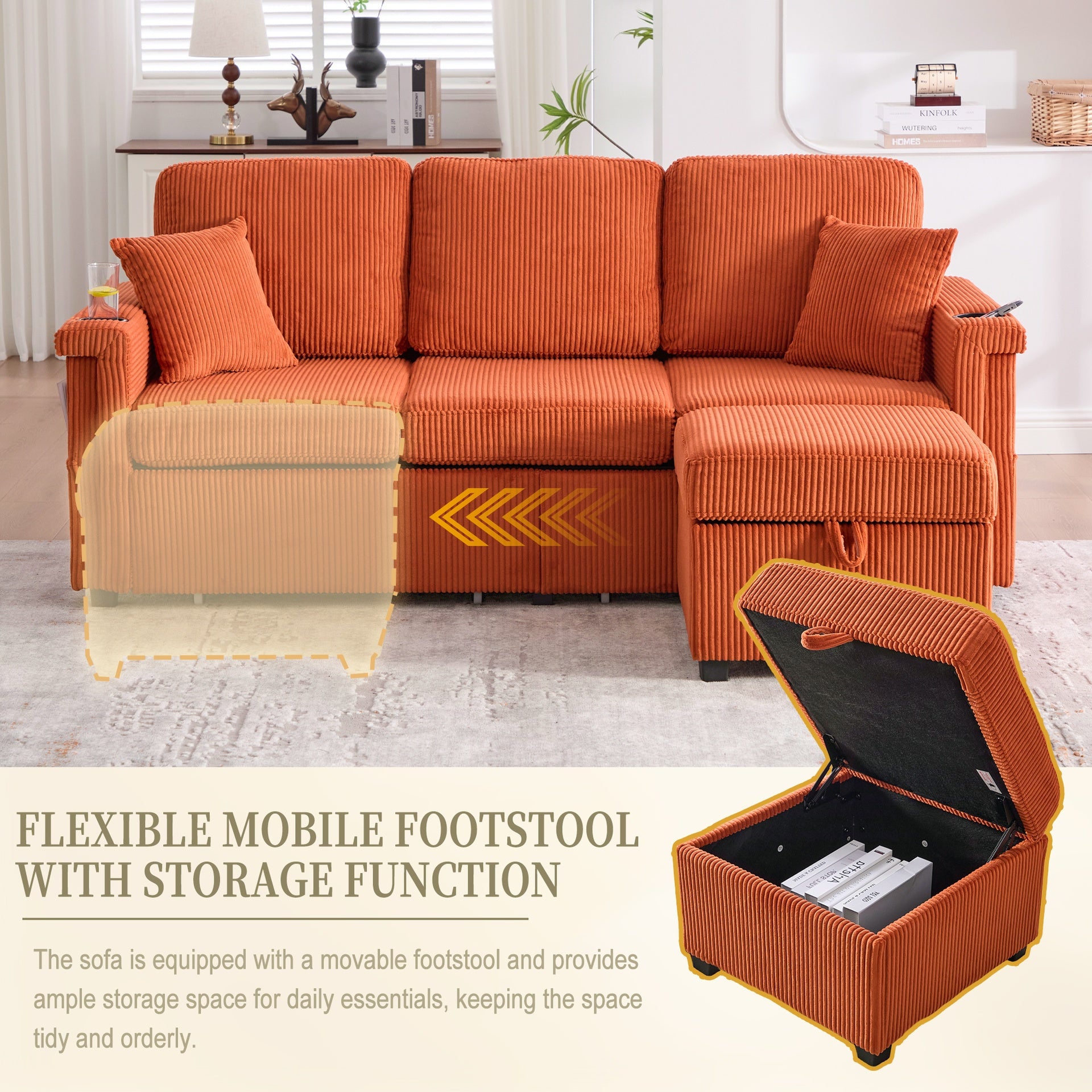 UNITED WE WIN L-Shaped Sectional Sofa with Pull-Out Storage,Ottoman & Pillows 3-Seat with USB Charging,Cup Holder, Convertible Design for Living Room, Apartment, Corduroy Fabric