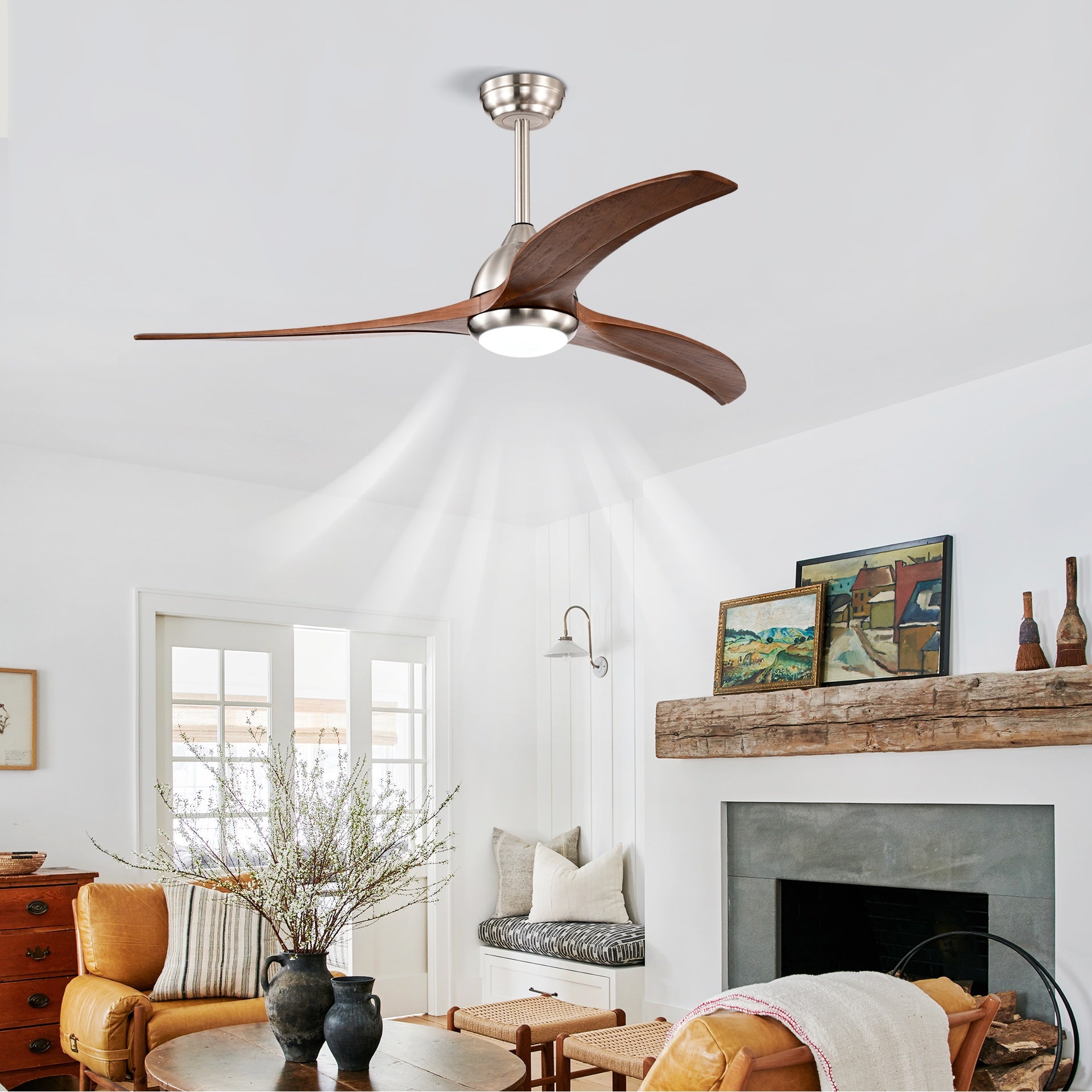 52" Solid Wood Blades Ceiling Fan With Light with Remote Control, Noiseless Reversible Motor, 6 Speed ,3 Color , for Patio Living Room, Bedroom, Indoor.(Stain nickel + Walnut )