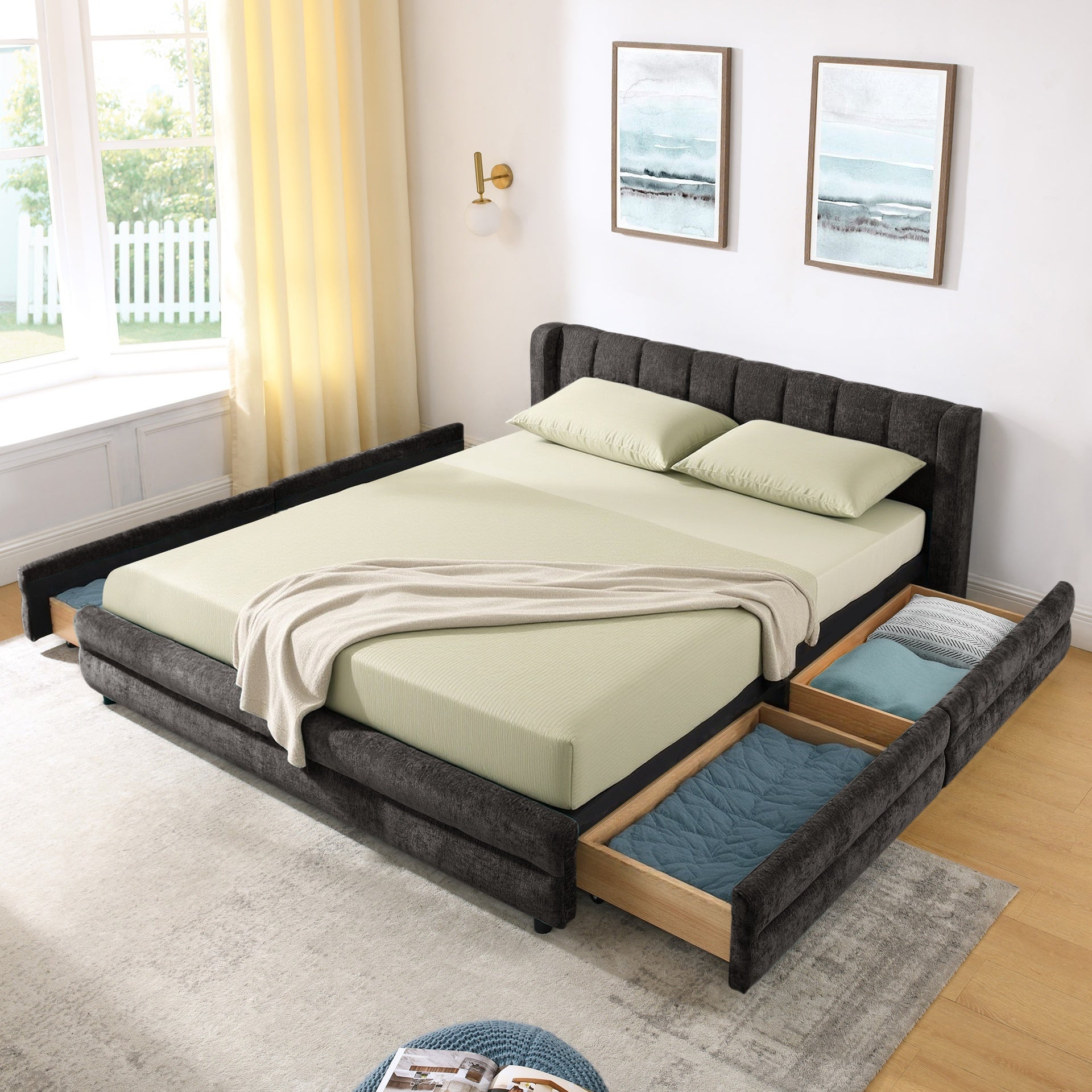 Queen Size Upholstered Bed Frame with Thick Fabric, comfortable upholstered bed frame, Chenille fabric, with headboard and solid bed frame. With drawer for storage-Dark Gray(86''*68.5''*67'')