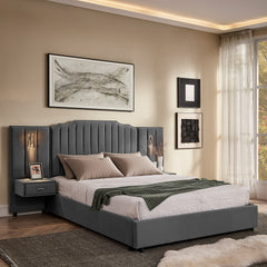 Queen Size Upholstered Bed Frame with Velvet Fabric, Vertical Stripe Design with Buttons Around  Platform Bed with Headboard, Solid Frame & Bedside Table - No Box Spring Needed-Gray