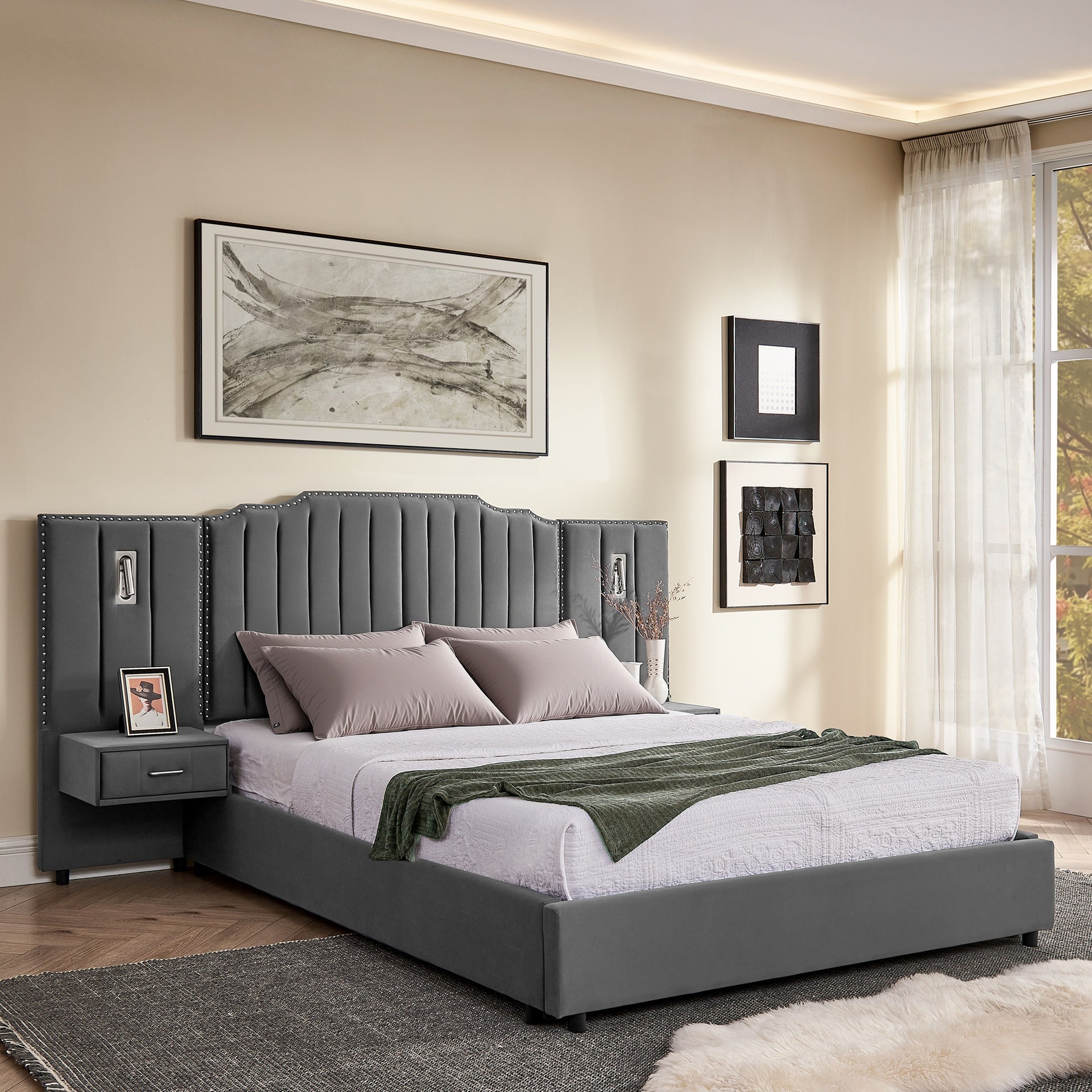 Queen Size Upholstered Bed Frame with Velvet Fabric, Vertical Stripe Design with Buttons Around  Platform Bed with Headboard, Solid Frame & Bedside Table - No Box Spring Needed-Gray