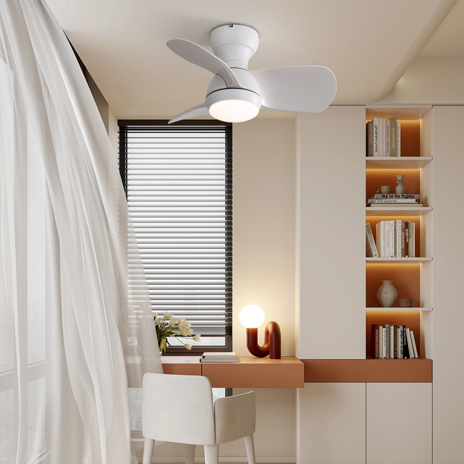 23 Inch Indoor Ceiling Fan With 3 ABS Blades Remote Control Reversible DC Motor White With 18W Led Light