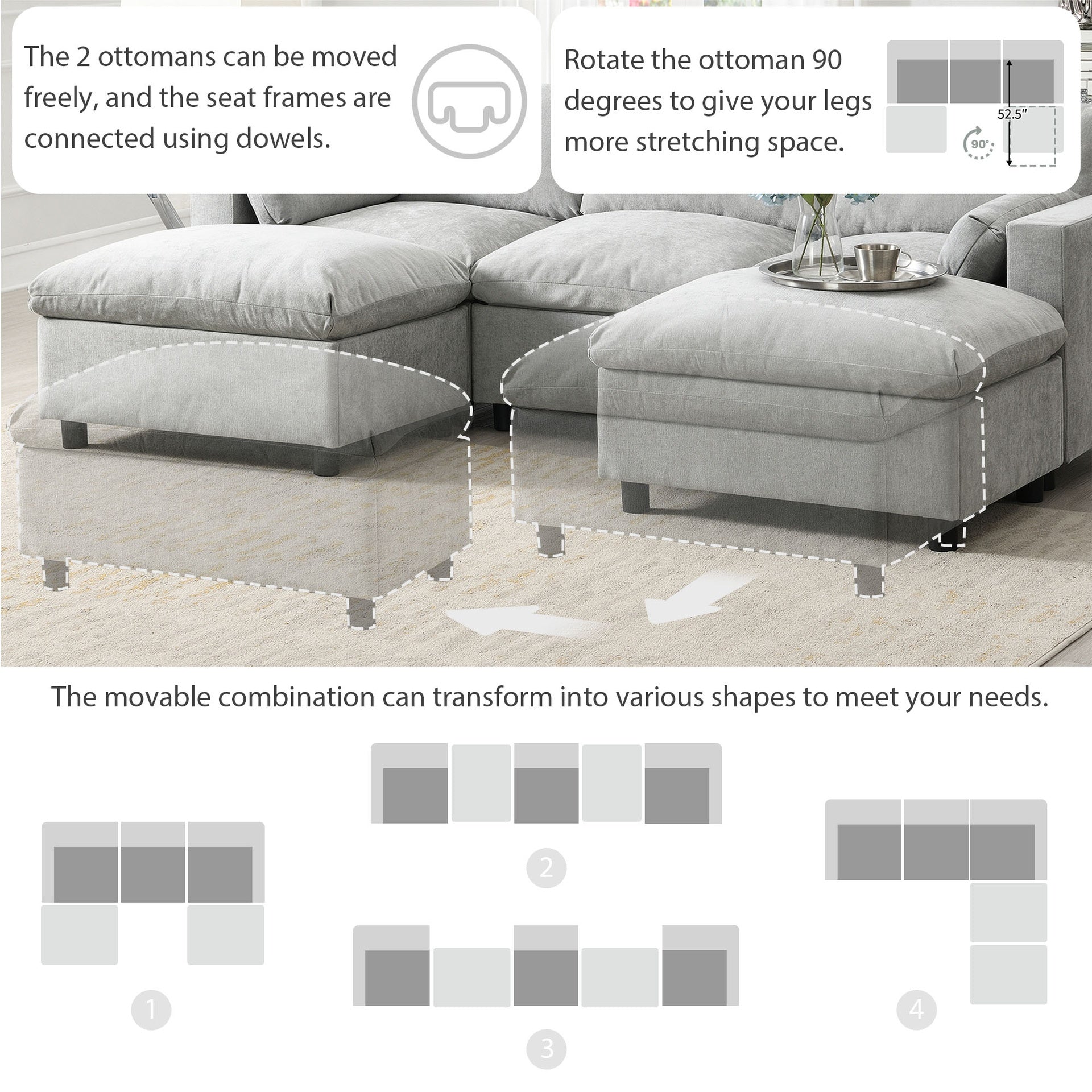 86.5'' Chenille Modular Sectional Sofa with Storage Pockets, 5 Seat U Shaped Couch Set with Pillows,Free Combination,Modern Cloud Sofa with 2 Movable Ottoman for Living Room,Apartment,3 Colors