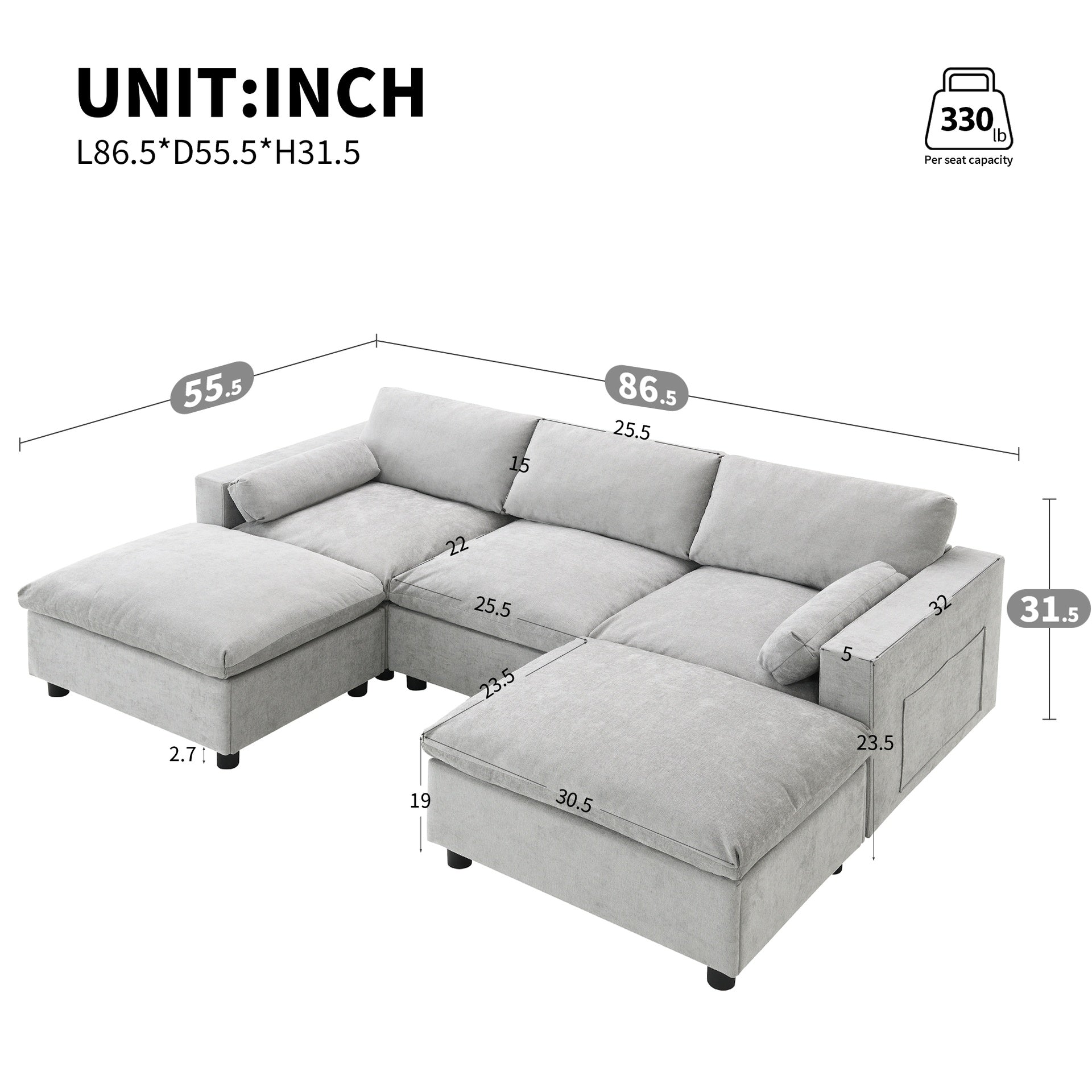 86.5'' Chenille Modular Sectional Sofa with Storage Pockets, 5 Seat U Shaped Couch Set with Pillows,Free Combination,Modern Cloud Sofa with 2 Movable Ottoman for Living Room,Apartment,3 Colors