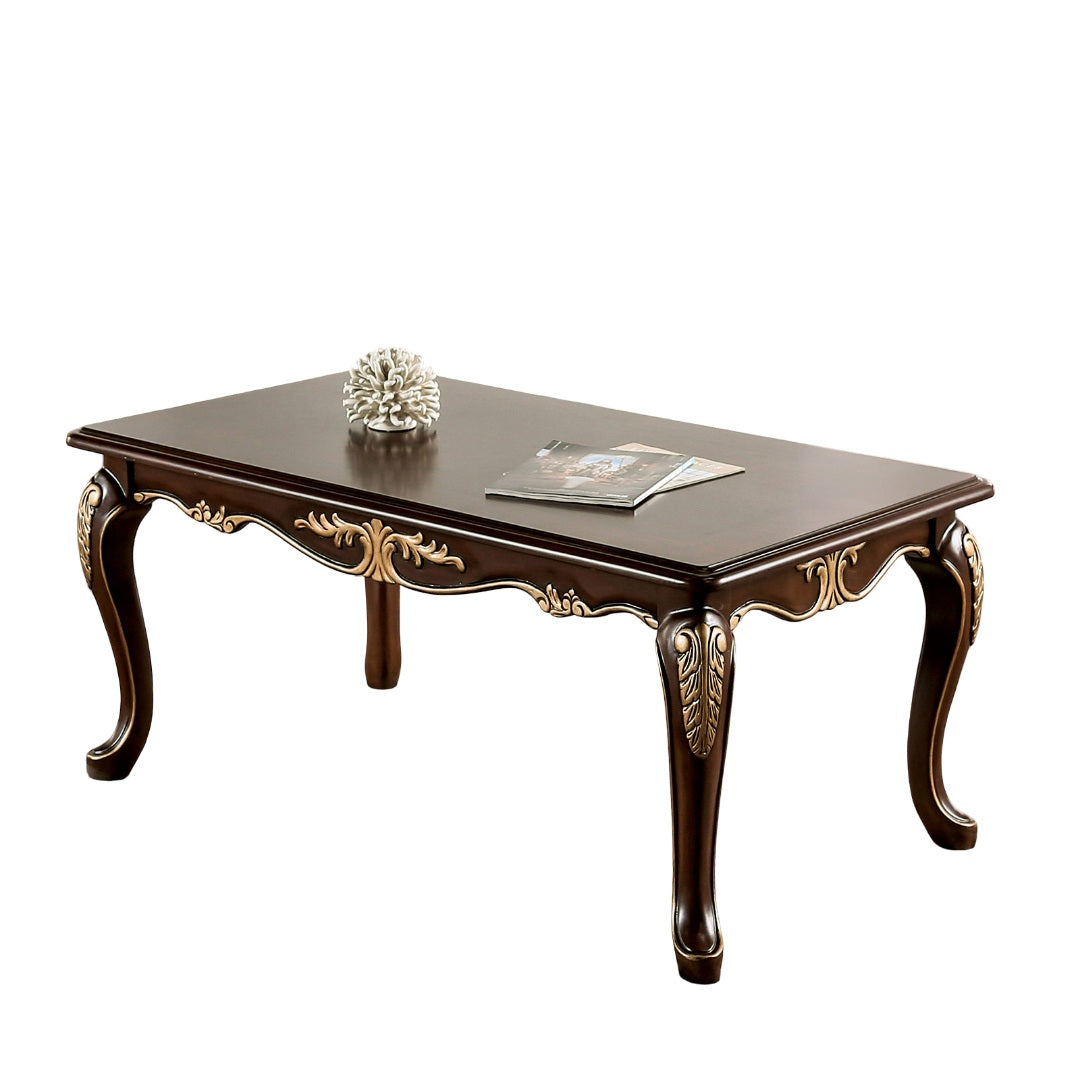Rich Tobacco Finish Traditional Style 1pc Rectangle Coffee Table Curved Legs Carved Details Design With Gold Highlight Elegant Look Solid Wood Structure