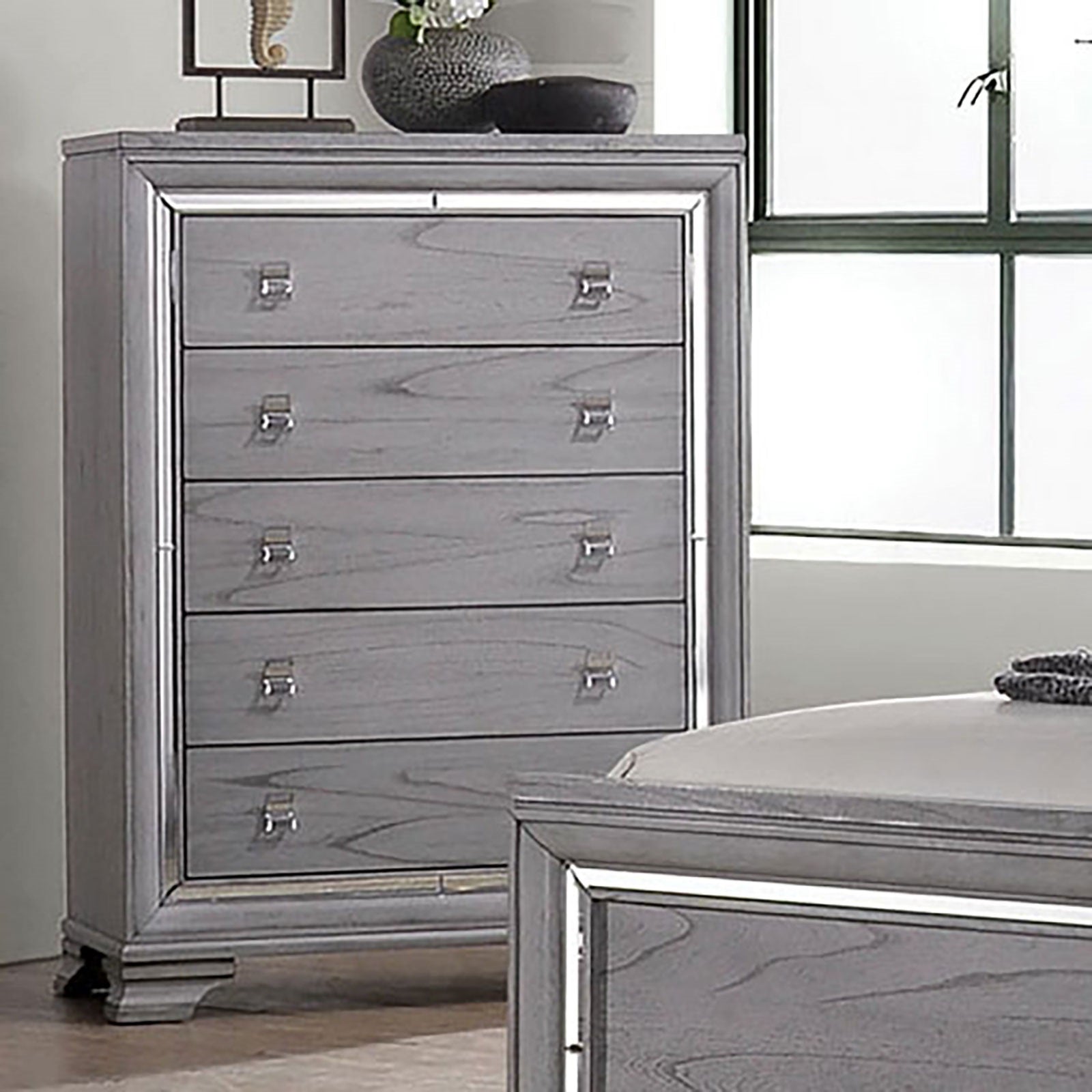 Contemporary Style 1pc Chest Five English Dovetail Drawers Ball Bearing Glides Mirror Trim Light Gray Finish