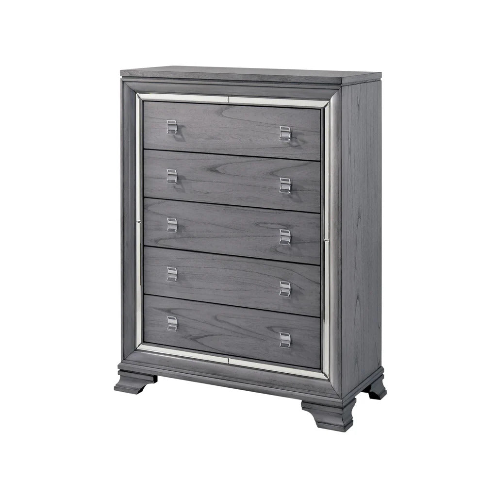 Contemporary Style 1pc Chest Five English Dovetail Drawers Ball Bearing Glides Mirror Trim Light Gray Finish