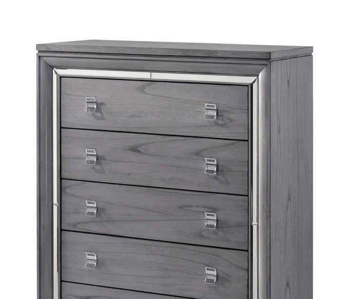 Contemporary Style 1pc Chest Five English Dovetail Drawers Ball Bearing Glides Mirror Trim Light Gray Finish