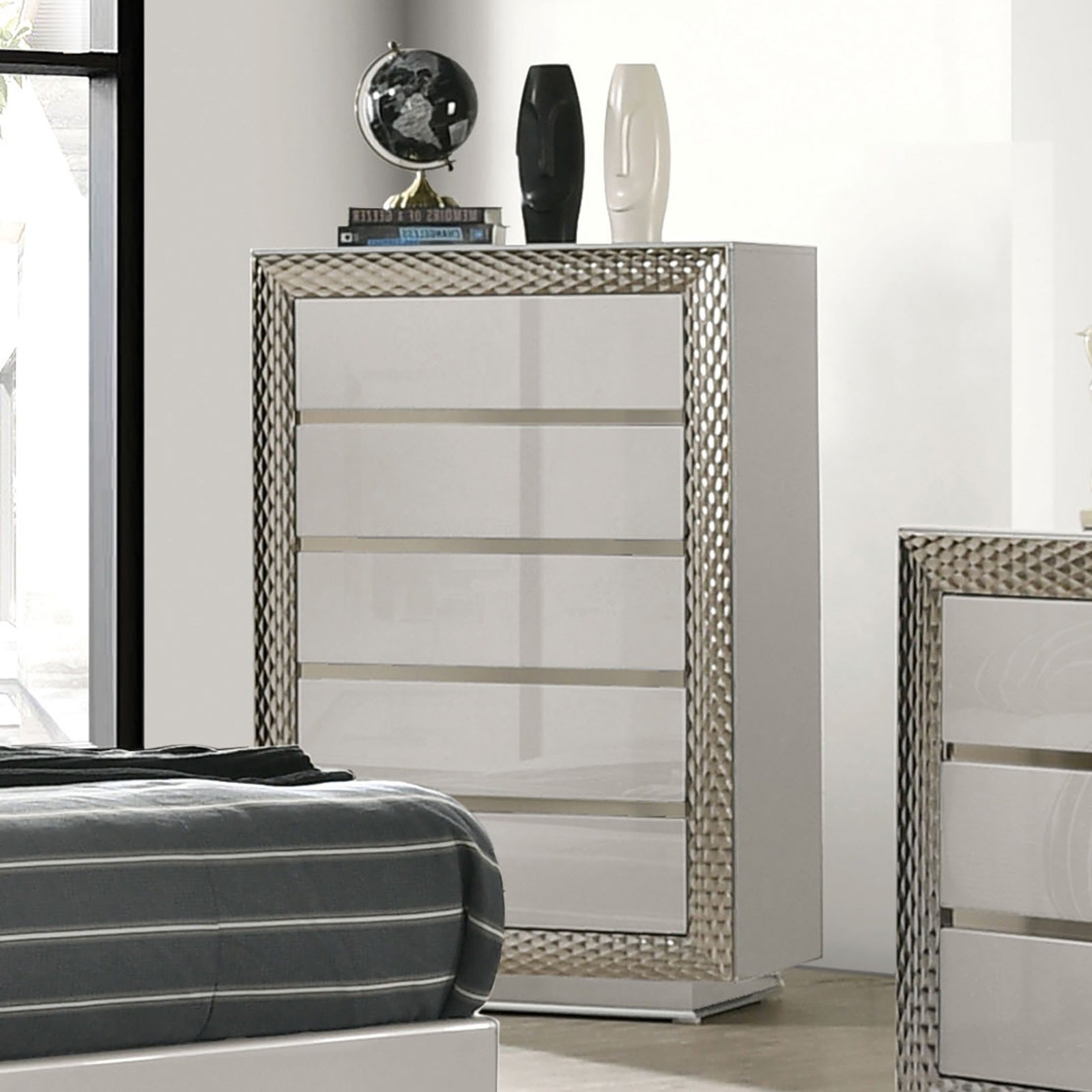 1pc Chest 5-Drawers Plinth Base Silver Molding Glass Shelf Felt Lined Drawers Gray Finish Glam Style Bedroom Furniture