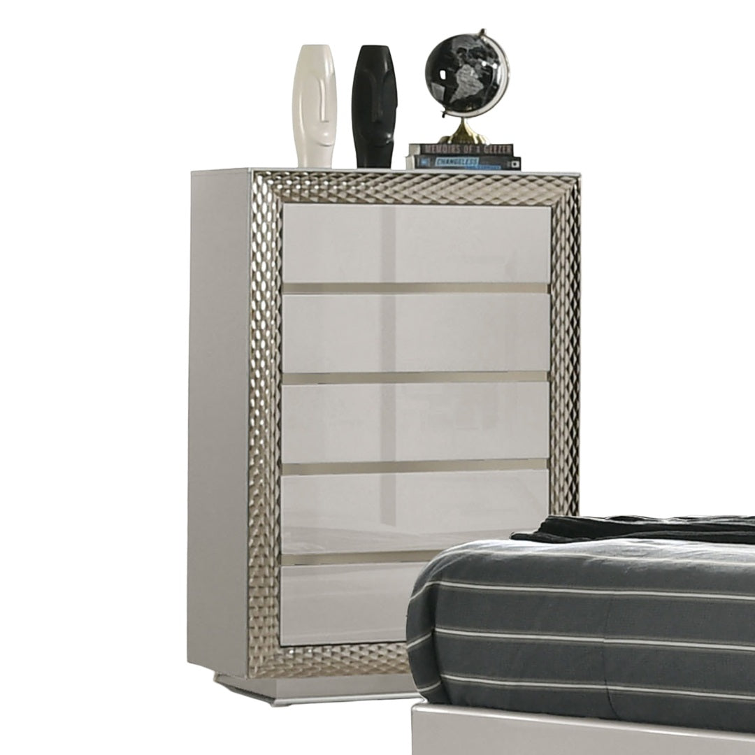 1pc Chest 5-Drawers Plinth Base Silver Molding Glass Shelf Felt Lined Drawers Gray Finish Glam Style Bedroom Furniture