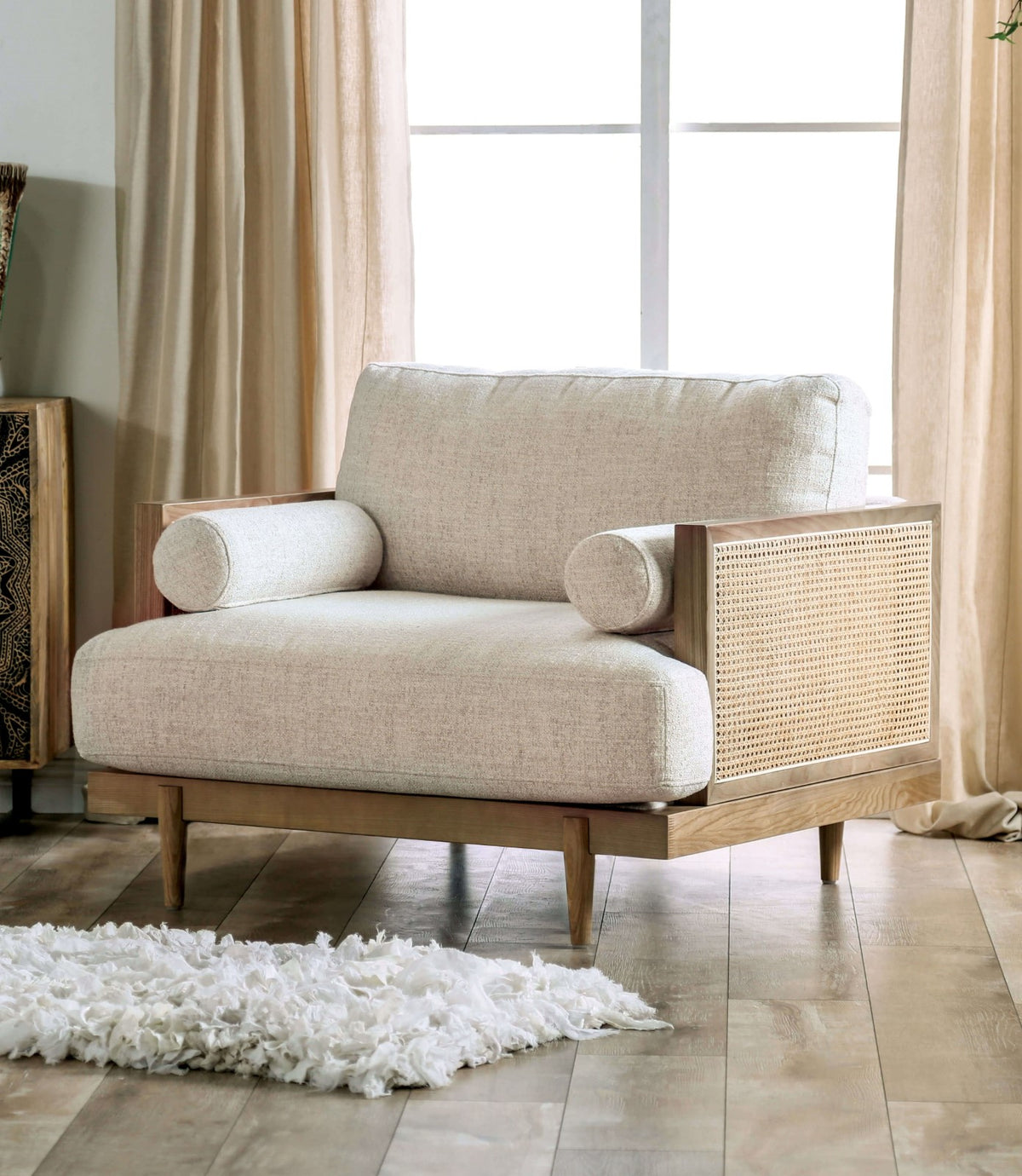 Mid-Century Modern 1pc Beautiful Chair Side Bolster Pillow Tapered Wooden Legs Reversible Pillow Back Beige And Light Oak Finish Primary Living Room