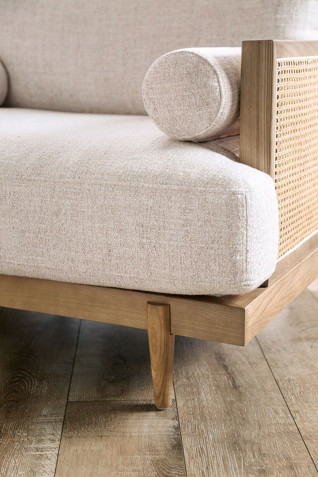 Mid-Century Modern 1pc Beautiful Chair Side Bolster Pillow Tapered Wooden Legs Reversible Pillow Back Beige And Light Oak Finish Primary Living Room