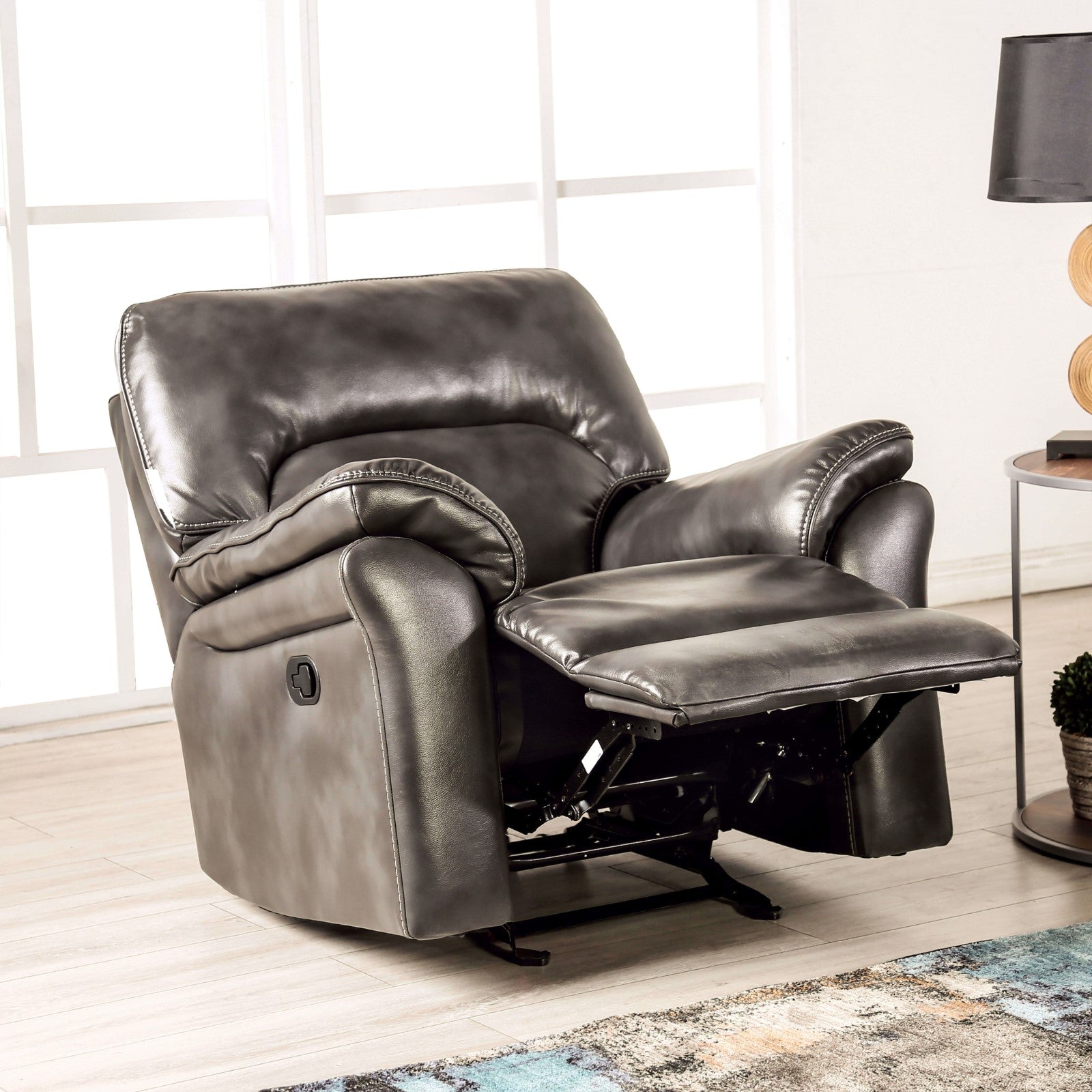 Dark Gray Finish Stand Alone Glider Recliner Transitional Style Pillow Arms Welt Trim Primary Living space