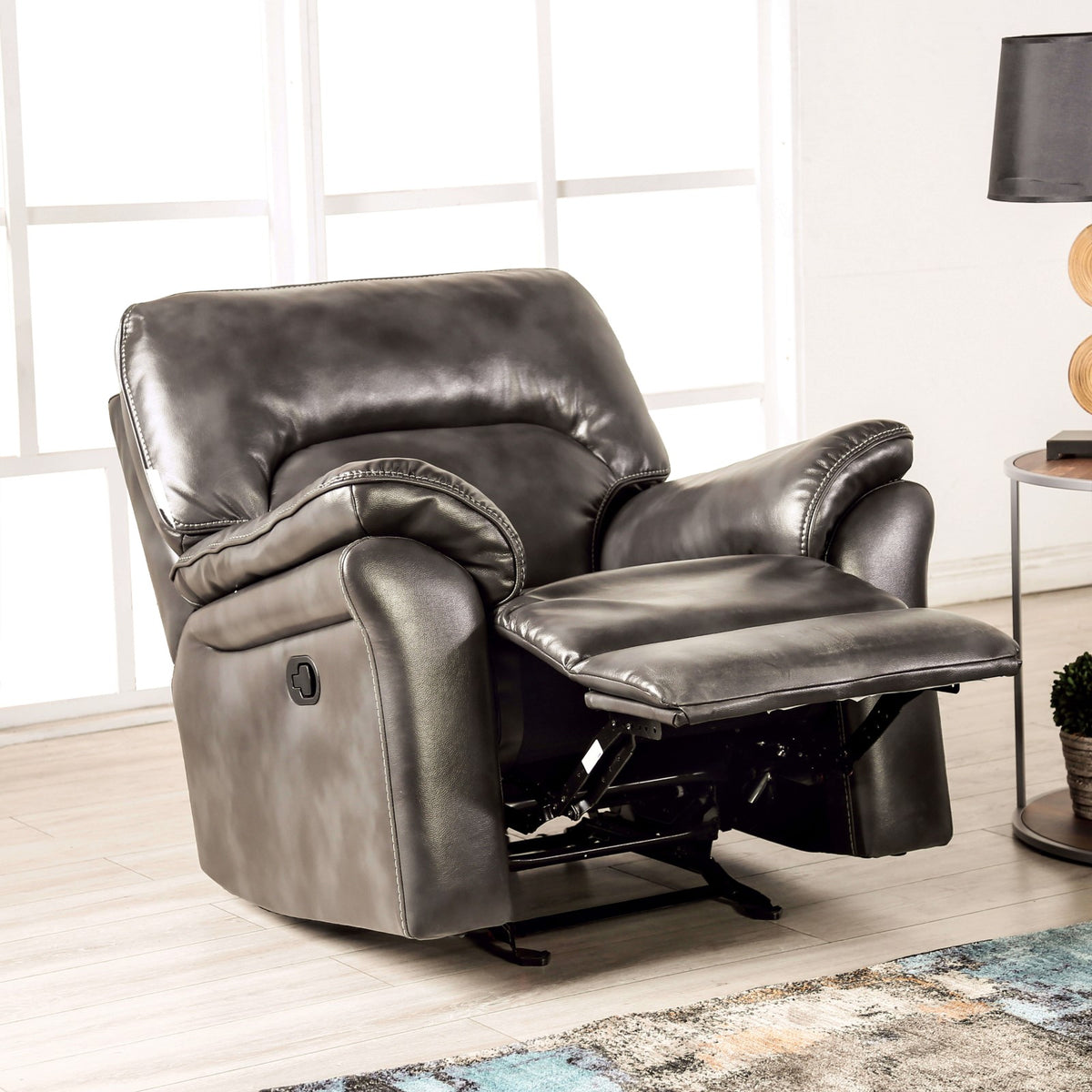 Dark Gray Finish Stand Alone Glider Recliner Transitional Style Pillow Arms Welt Trim Primary Living space