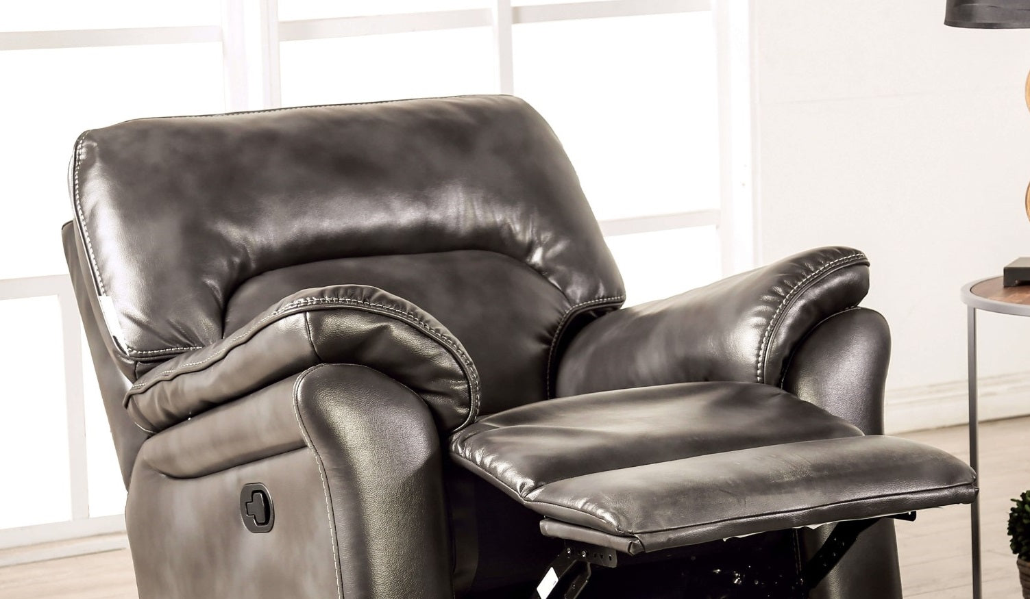 Dark Gray Finish Stand Alone Glider Recliner Transitional Style Pillow Arms Welt Trim Primary Living space