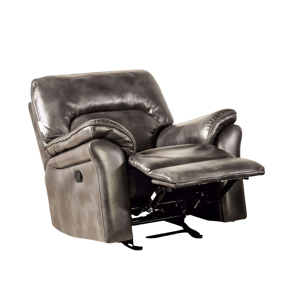 Dark Gray Finish Stand Alone Glider Recliner Transitional Style Pillow Arms Welt Trim Primary Living space