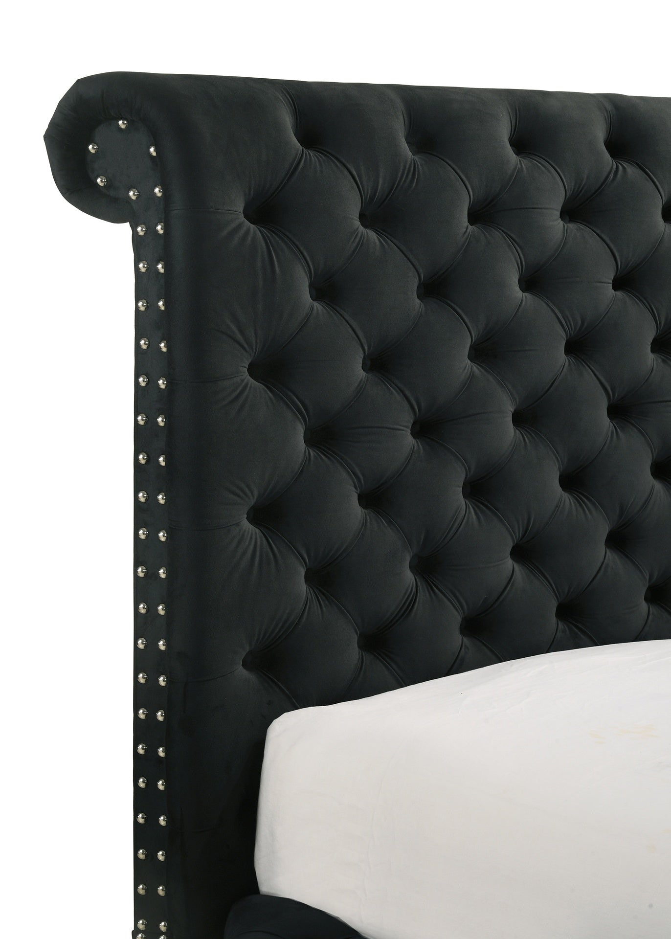 1pc Luxurious Queen Size Bed Deeply Tufted Headboard Nail Head Trim Upholstered Sumptuous Black Velvet Footboard w Integrated Television Lift Mechanism Built-in Electric Fireplace Storage Furniture