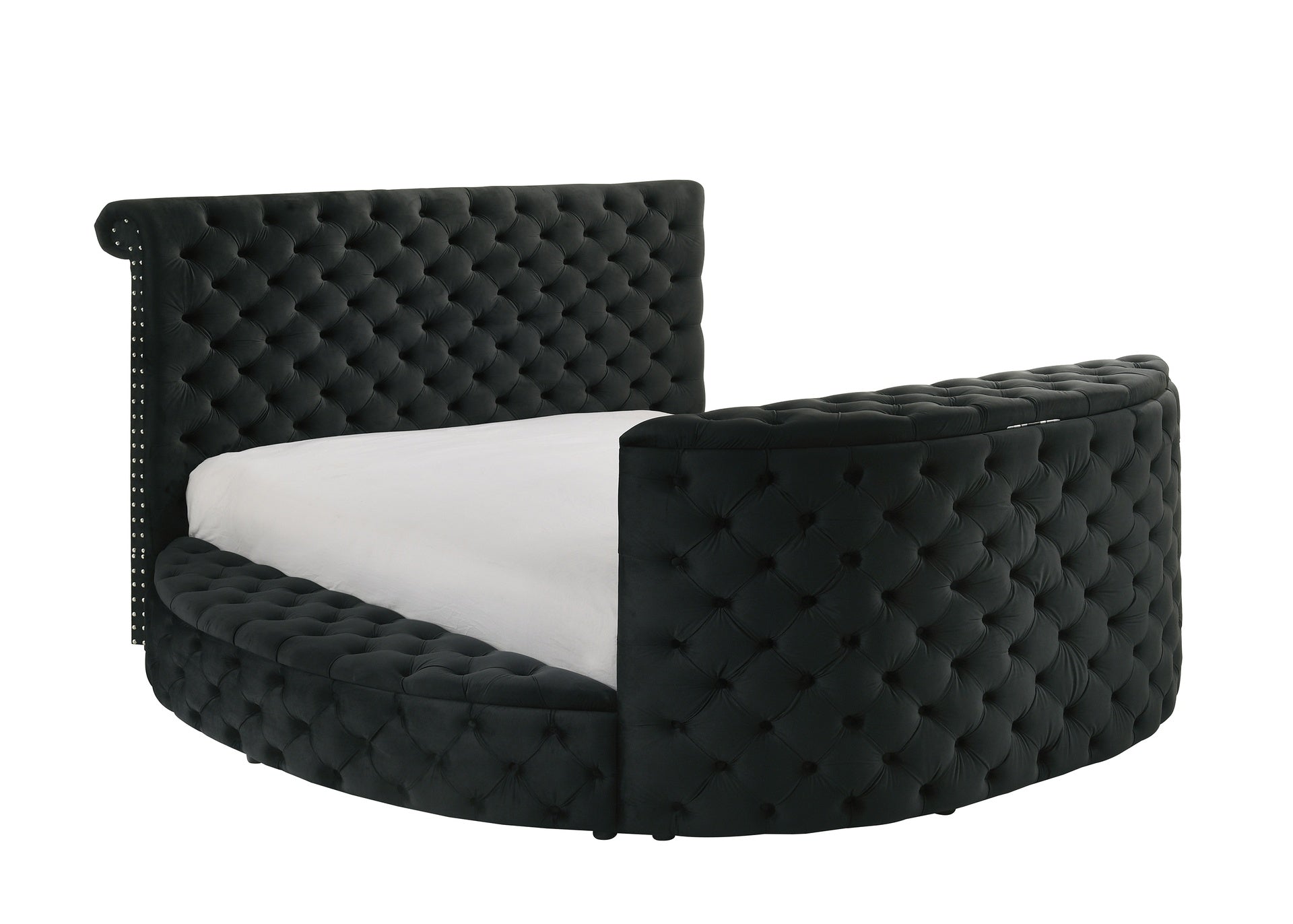 1pc Luxurious Queen Size Bed Deeply Tufted Headboard Nail Head Trim Upholstered Sumptuous Black Velvet Footboard w Integrated Television Lift Mechanism Built-in Electric Fireplace Storage Furniture
