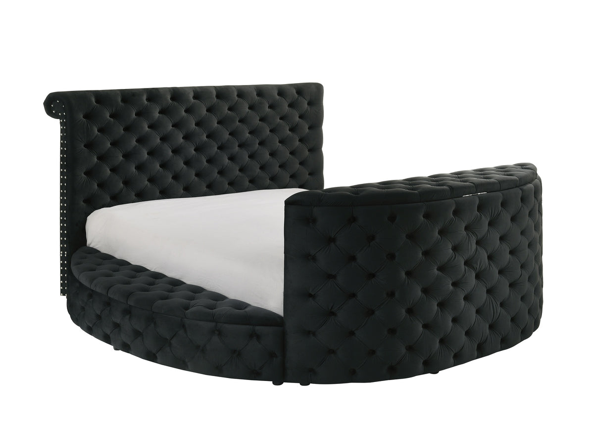 1pc Luxurious Queen Size Bed Deeply Tufted Headboard Nail Head Trim Upholstered Sumptuous Black Velvet Footboard w Integrated Television Lift Mechanism Built-in Electric Fireplace Storage Furniture