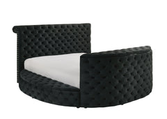 1pc Luxurious Queen Size Bed Deeply Tufted Headboard Nail Head Trim Upholstered Sumptuous Black Velvet Footboard w Integrated Television Lift Mechanism Built-in Electric Fireplace Storage Furniture