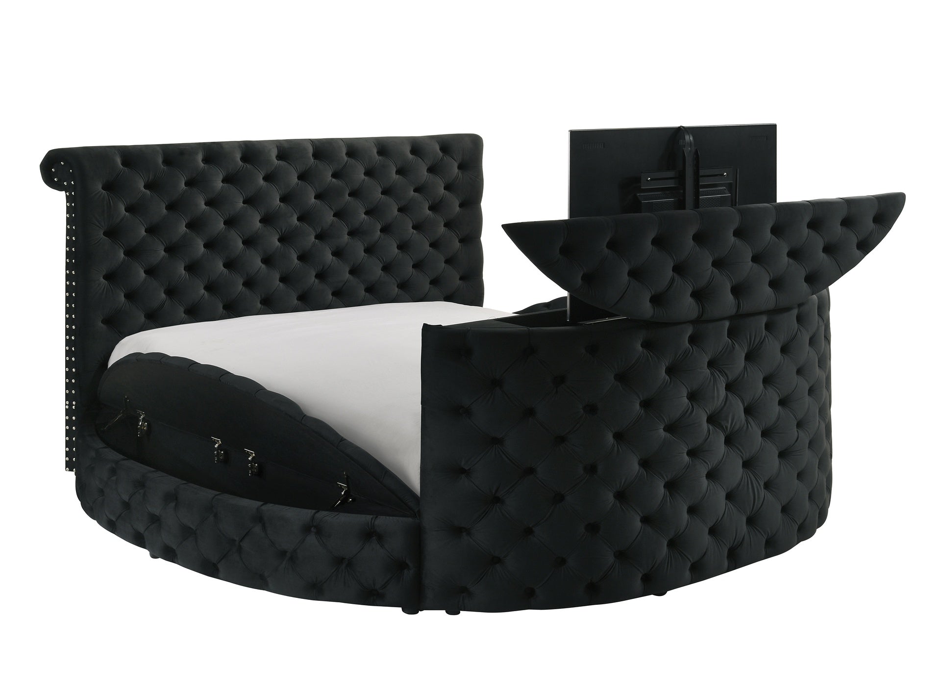 1pc Luxurious Queen Size Bed Deeply Tufted Headboard Nail Head Trim Upholstered Sumptuous Black Velvet Footboard w Integrated Television Lift Mechanism Built-in Electric Fireplace Storage Furniture