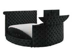 1pc Luxurious Queen Size Bed Deeply Tufted Headboard Nail Head Trim Upholstered Sumptuous Black Velvet Footboard w Integrated Television Lift Mechanism Built-in Electric Fireplace Storage Furniture
